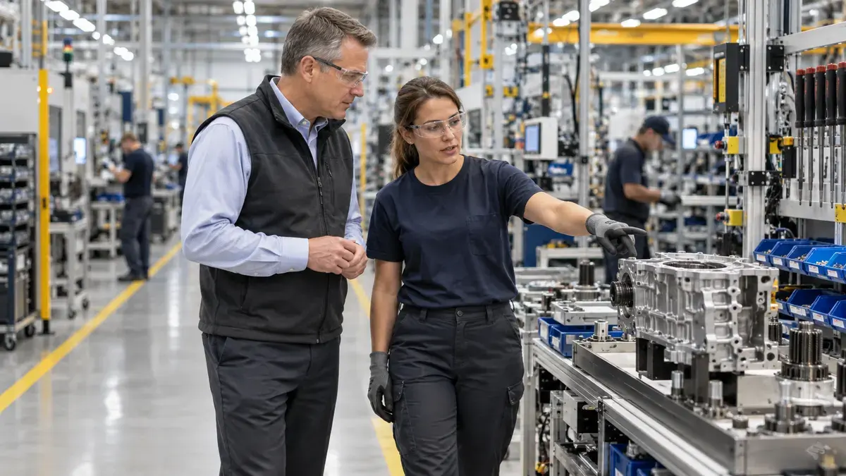 A plant leader and operator discussing a process detail beside an organized assembly line