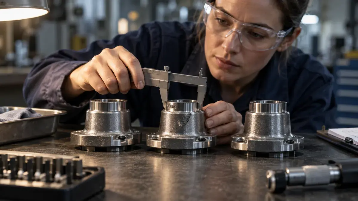 A quality engineer comparing machined parts and investigating a wear mark with a precision measuring tool