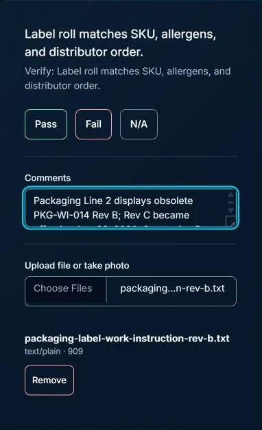 Mobile audit question with a failed answer, an observation and an attached work-instruction text file