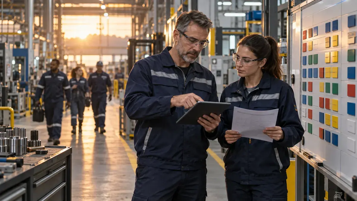 Supervisors coordinating a factory shift handover beside a production planning board