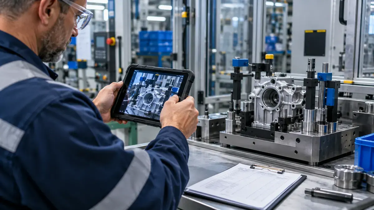 A factory auditor using a tablet to document evidence at a component fixture, with a paper clipboard nearby