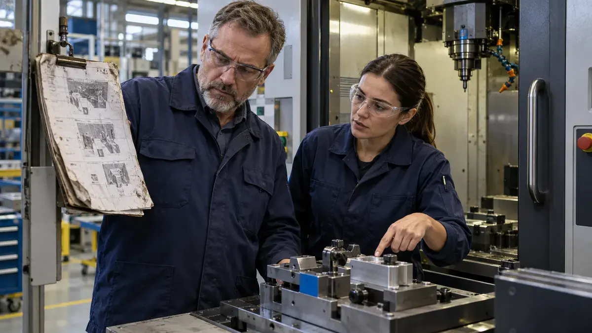 Two manufacturing colleagues comparing a worn work instruction with the fixture at an idle CNC station