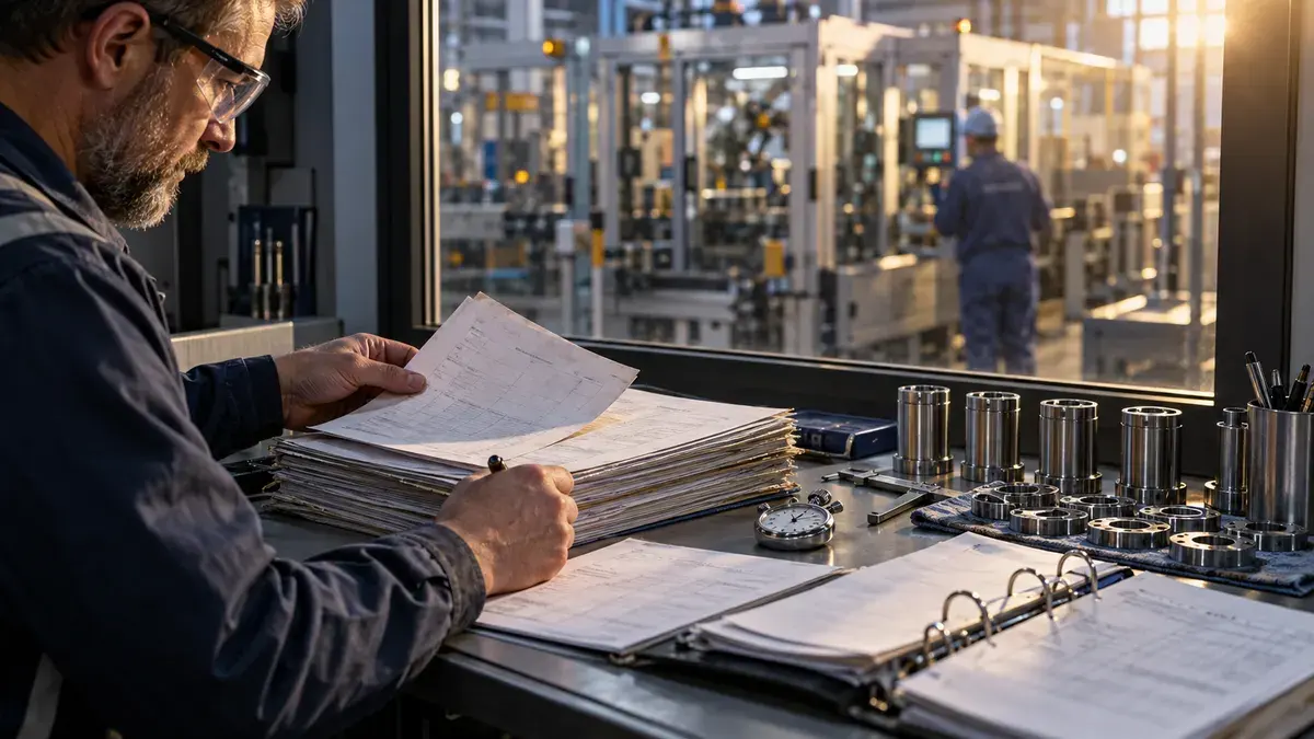 A quality supervisor reviewing paper audit records beside a stopwatch and machined parts, with production visible through a window