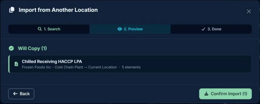 Import preview for a five-element Chilled Receiving audit from another location