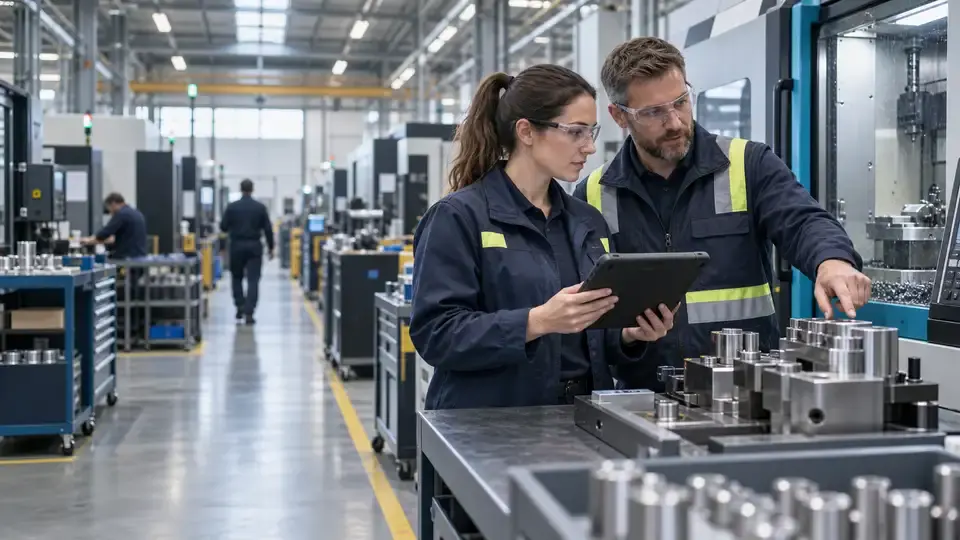 A quality engineer and production team leader reviewing machined parts with a tablet on the factory floor