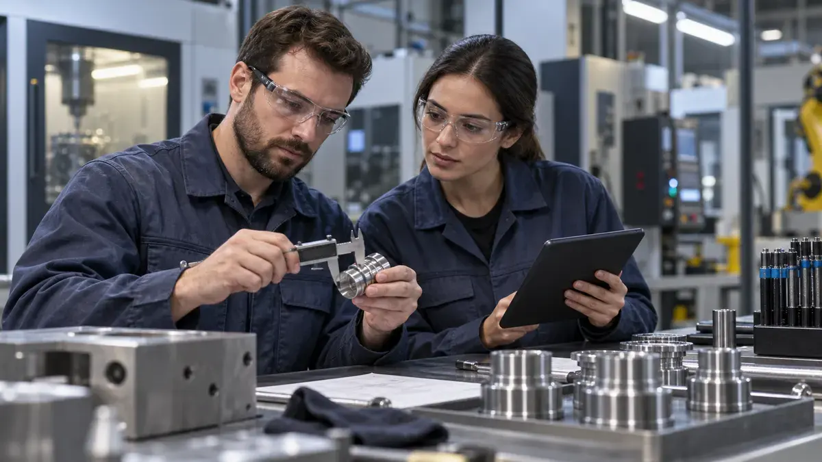 Quality engineers checking a machined part with a measuring tool and reviewing a tablet at an inspection bench